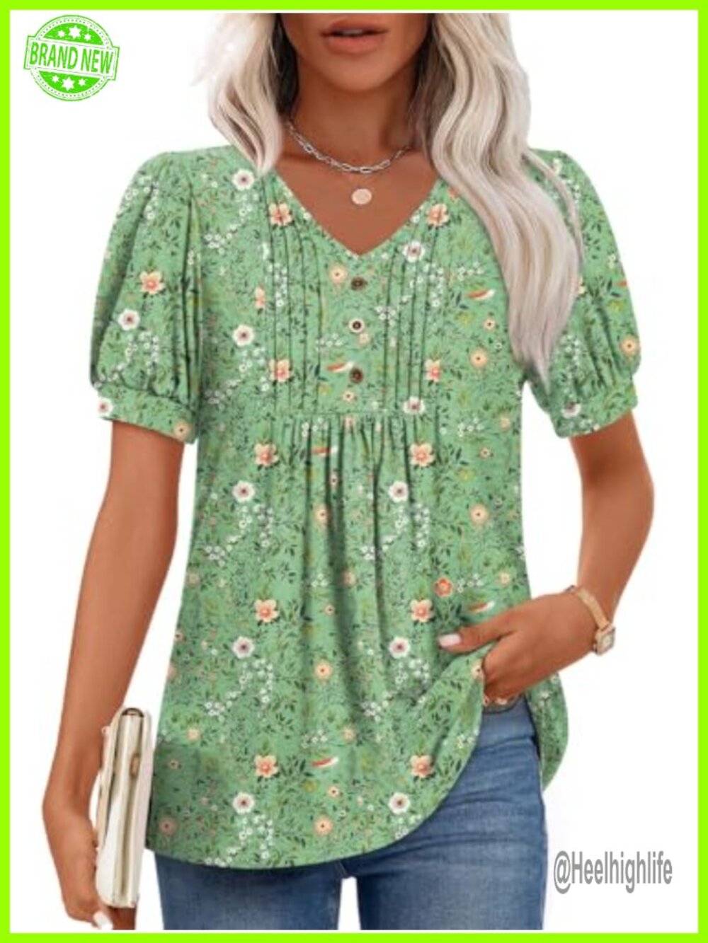 Women's Summer Tunic Top Puff Short Sleeve V-Neck Blouse Pleated Casual Dressy